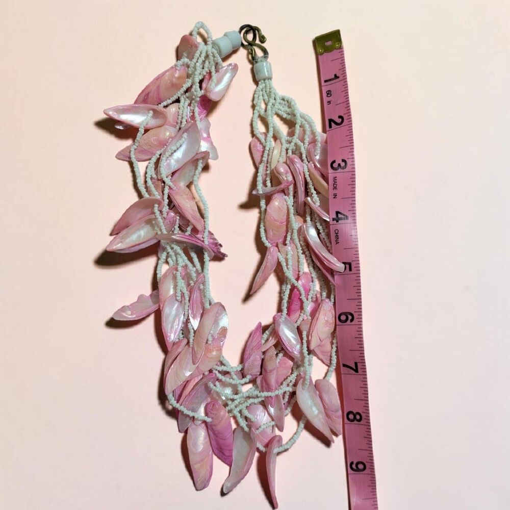 Pink Shell Statement Necklace, Layered Beaded Beach Coastal Mermaidcore Jewelry - Picture 4 of 7